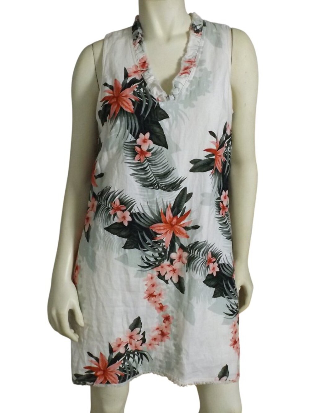 TOMMY BAHAMA Dress, S, Floral Linen, Multicolor, Fringe hem, Ruffled V-neck